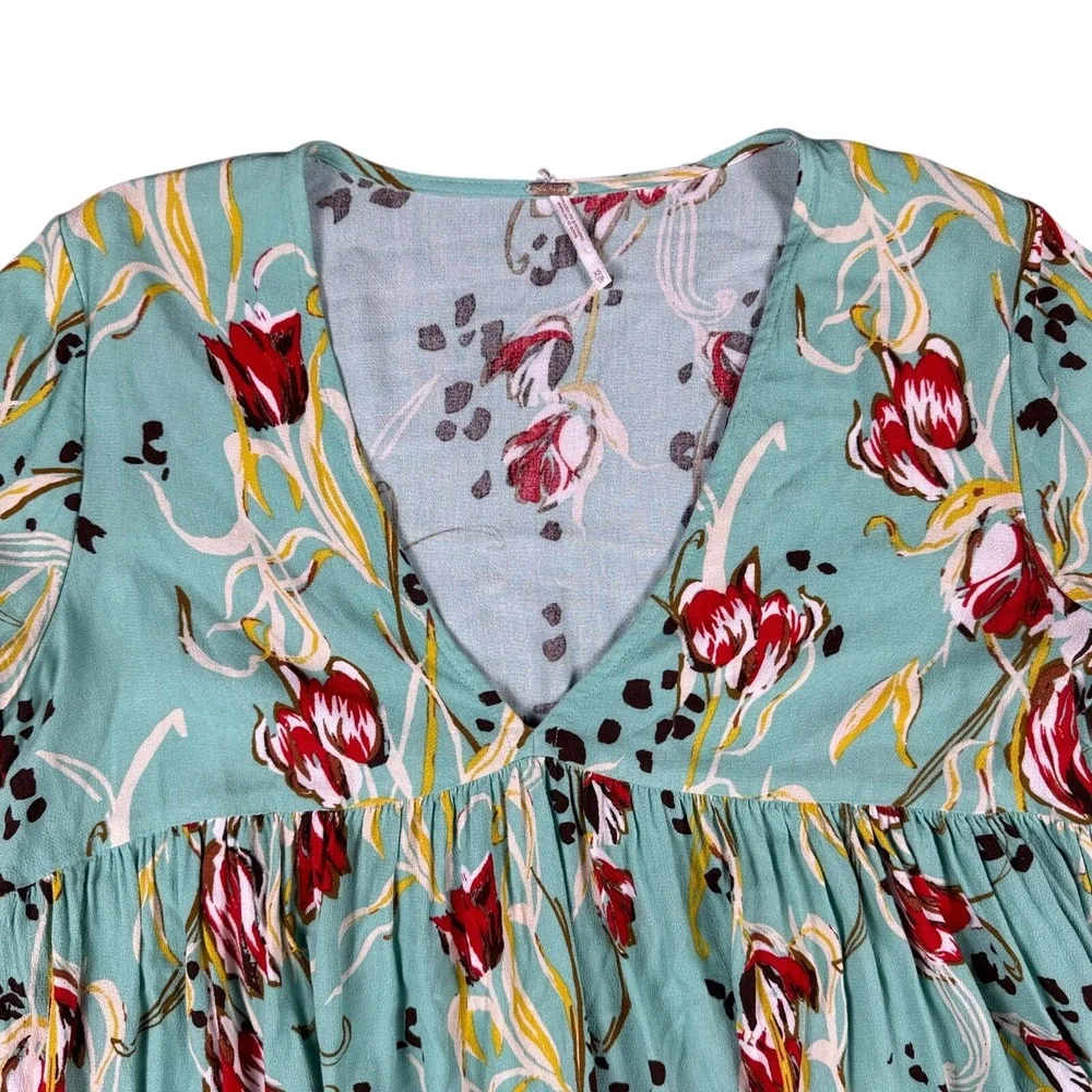 Free People Bella Babydoll Tunic Top Womens XS Teal‎ Floral V-Neck Boho Blouse